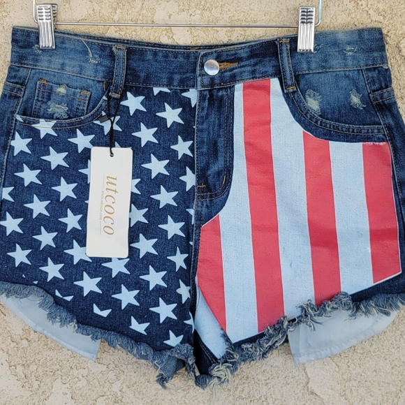 Women’s Distressed Shorts Denim w/American Flag Pattern Size 10 - Picture 9 of 9